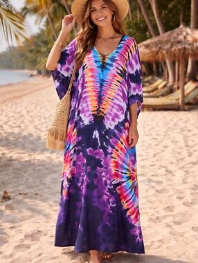Kaftan Dress Swimsuit Coverup Maxi Tie Dye Loungewear V Neck XL 💜 NEW
